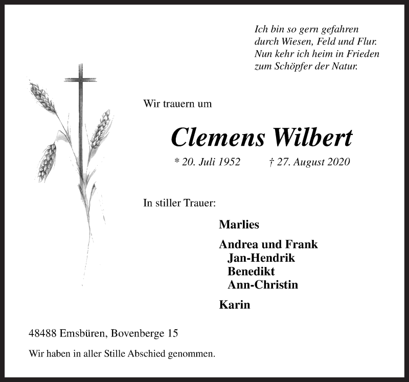  Traueranzeige für Clemens Wilbert vom 02.09.2020 aus Neue Osnabrücker Zeitung GmbH & Co. KG