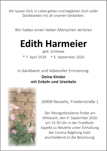 Traueranzeige von Edith Harmeier von Neue Osnabrücker Zeitung GmbH & Co. KG