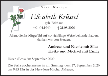 Traueranzeige von Elisabeth Krüssel von Neue Osnabrücker Zeitung GmbH & Co. KG