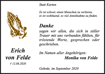 Traueranzeige von Erich von Felde von Neue Osnabrücker Zeitung GmbH & Co. KG