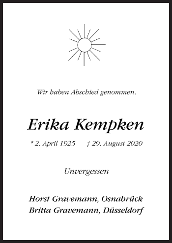 Traueranzeige von Erika Kempken von Neue Osnabrücker Zeitung GmbH & Co. KG