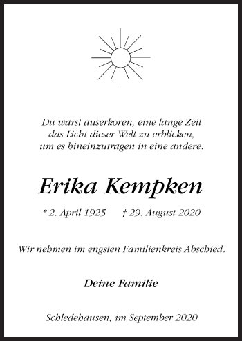 Traueranzeige von Erika Kempken von Neue Osnabrücker Zeitung GmbH & Co. KG