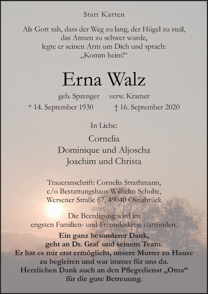  Traueranzeige für Erna Walz vom 23.09.2020 aus Neue Osnabrücker Zeitung GmbH & Co. KG