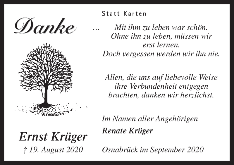  Traueranzeige für Ernst Krüger vom 19.09.2020 aus Neue Osnabrücker Zeitung GmbH & Co. KG