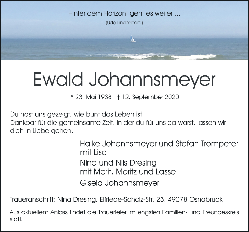 Traueranzeige für Ewald Johannsmeyer vom 19.09.2020 aus Neue Osnabrücker Zeitung GmbH & Co. KG
