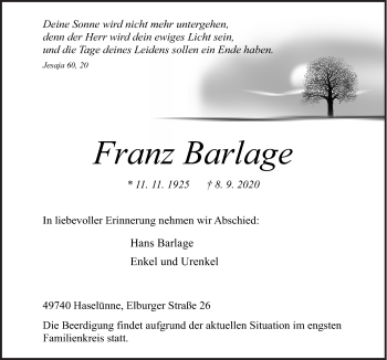 Traueranzeige von Franz Barlage von Neue Osnabrücker Zeitung GmbH & Co. KG