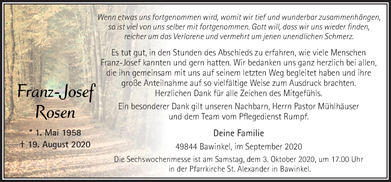  Traueranzeige für Franz-Josef Rosen vom 30.09.2020 aus Neue Osnabrücker Zeitung GmbH & Co. KG