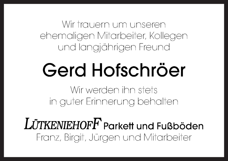  Traueranzeige für Gerd Hofschröer vom 30.09.2020 aus Neue Osnabrücker Zeitung GmbH & Co. KG