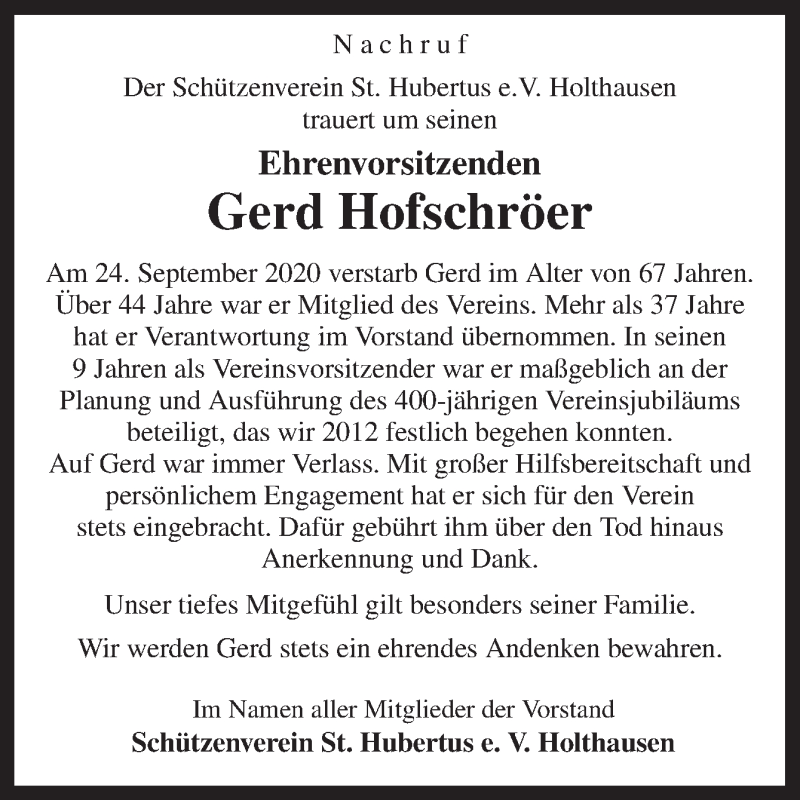  Traueranzeige für Gerd Hofschröer vom 30.09.2020 aus Neue Osnabrücker Zeitung GmbH & Co. KG