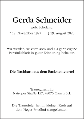 Traueranzeige von Gerda Schneider von Neue Osnabrücker Zeitung GmbH & Co. KG