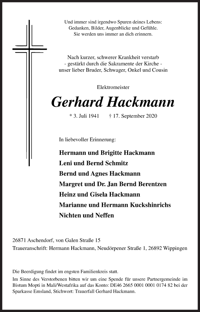  Traueranzeige für Gerhard Hackmann vom 19.09.2020 aus Neue Osnabrücker Zeitung GmbH & Co. KG