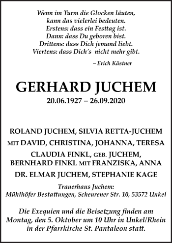 Traueranzeige von Gerhard Juchem von Neue Osnabrücker Zeitung GmbH & Co. KG