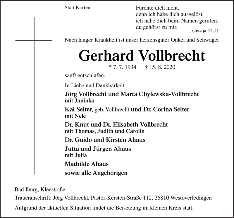 Traueranzeigen Von Gerhard Vollbrecht | Noz Trauerportal