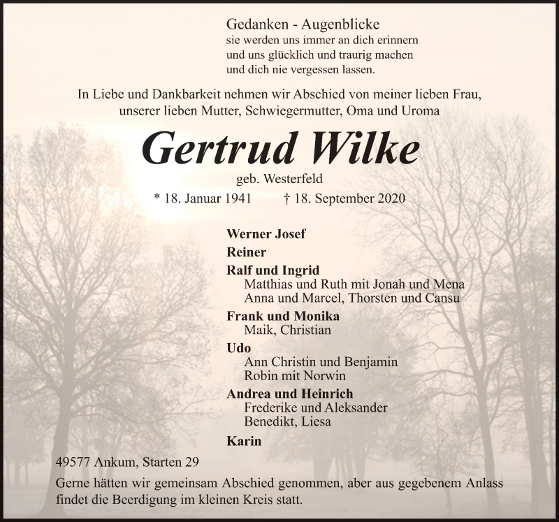  Traueranzeige für Gertrud Wilke vom 21.09.2020 aus Neue Osnabrücker Zeitung GmbH & Co. KG