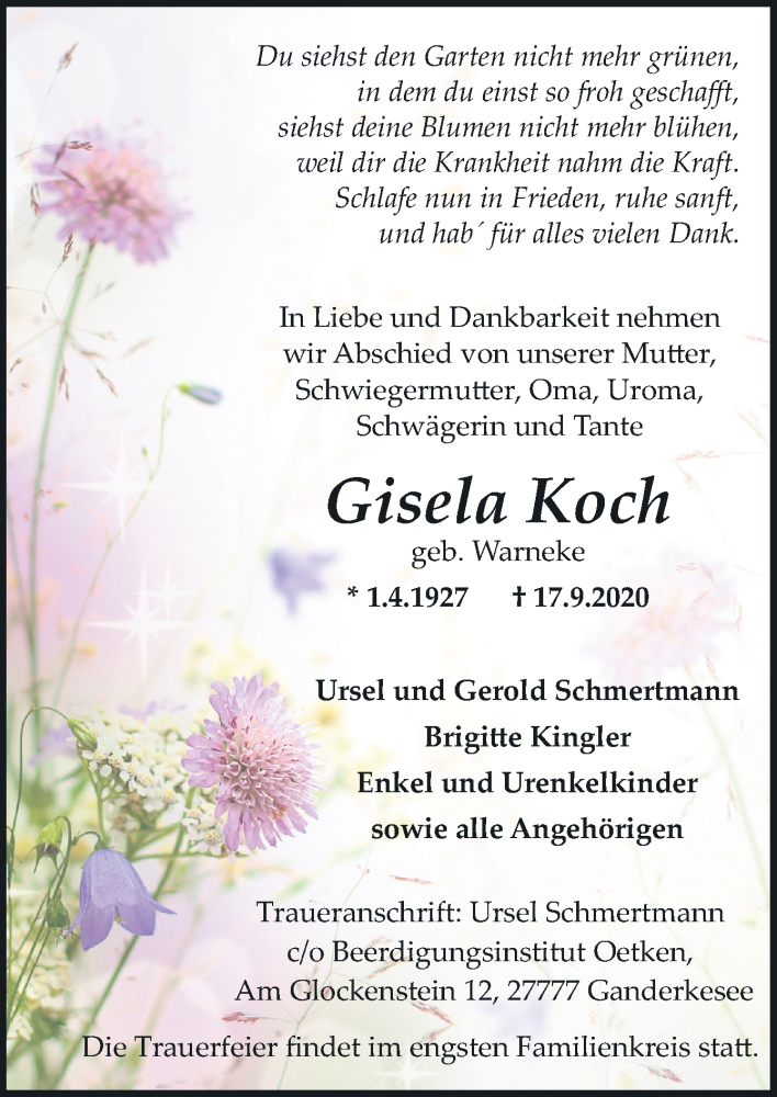  Traueranzeige für Gisela Koch vom 19.09.2020 aus Neue Osnabrücker Zeitung GmbH & Co. KG