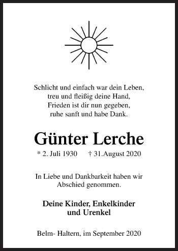 Traueranzeige von Günter Lerche von Neue Osnabrücker Zeitung GmbH & Co. KG