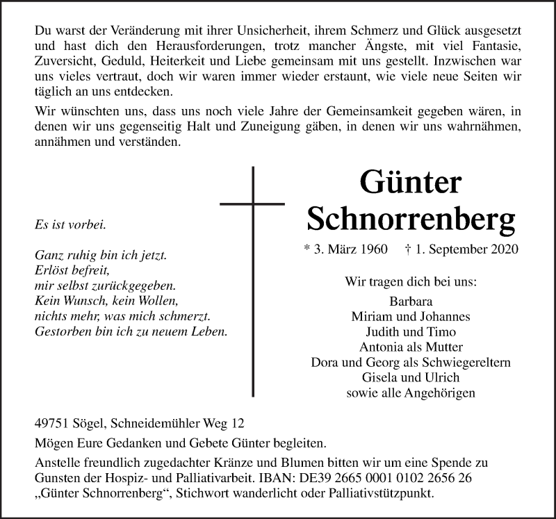  Traueranzeige für Günter Schnorrenberg vom 05.09.2020 aus Neue Osnabrücker Zeitung GmbH & Co. KG