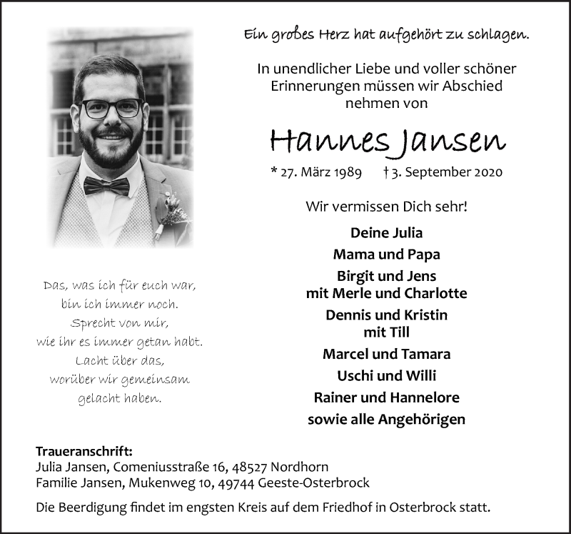  Traueranzeige für Hannes Jansen vom 07.09.2020 aus Neue Osnabrücker Zeitung GmbH & Co. KG