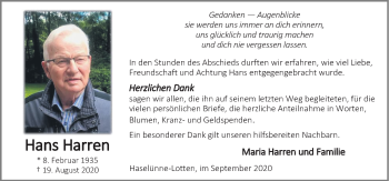 Traueranzeige von Hans Harren von Neue Osnabrücker Zeitung GmbH & Co. KG