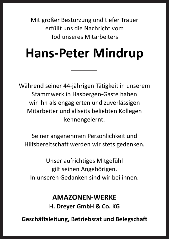 Traueranzeige für Hans-Peter Mindrup vom 12.09.2020 aus Neue Osnabrücker Zeitung GmbH & Co. KG