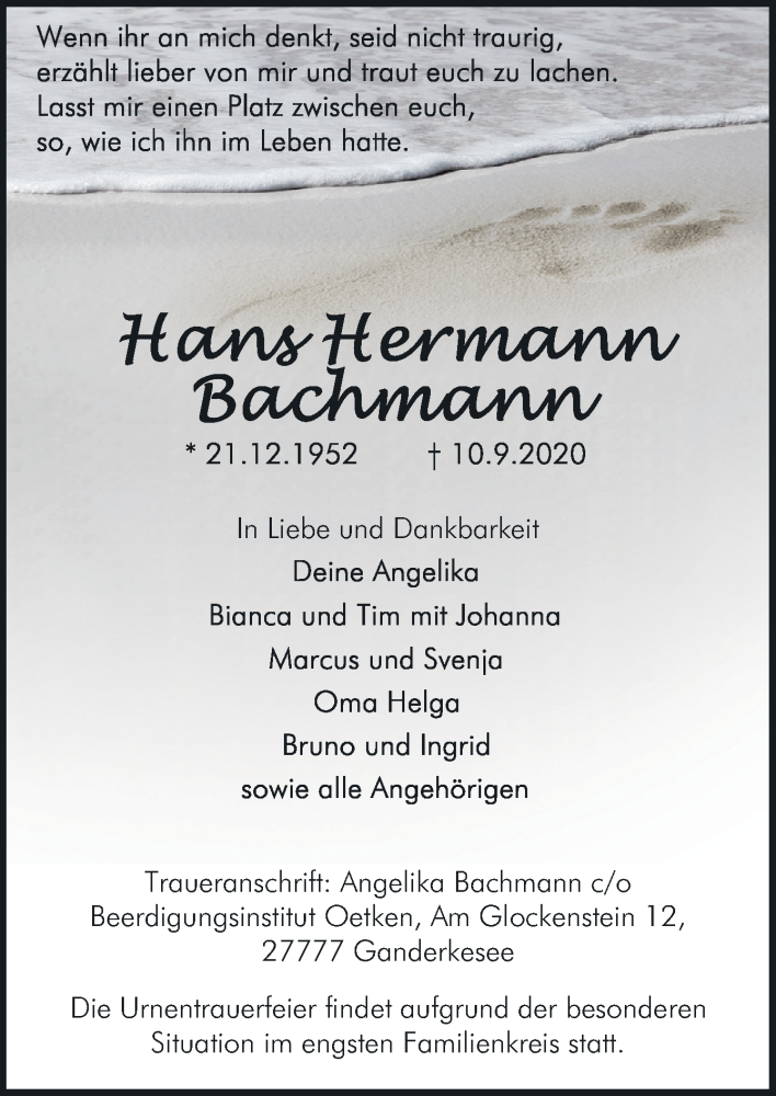  Traueranzeige für Hans Hermann Bachmann vom 14.09.2020 aus Neue Osnabrücker Zeitung GmbH & Co. KG