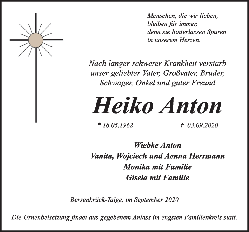  Traueranzeige für Heiko Anton vom 08.09.2020 aus Neue Osnabrücker Zeitung GmbH & Co. KG