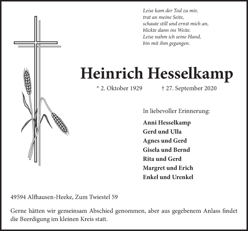  Traueranzeige für Heinrich Hesselkamp vom 30.09.2020 aus Neue Osnabrücker Zeitung GmbH & Co. KG