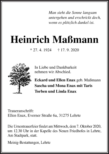 Traueranzeige von Heinrich Maßmann von Neue Osnabrücker Zeitung GmbH & Co. KG