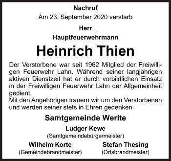 Traueranzeige von Heinrich Thien von Neue Osnabrücker Zeitung GmbH & Co. KG