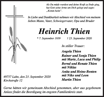 Traueranzeige von Heinrich Thien von Neue Osnabrücker Zeitung GmbH & Co. KG