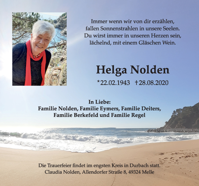  Traueranzeige für Helga Nolden vom 05.09.2020 aus Neue Osnabrücker Zeitung GmbH & Co. KG