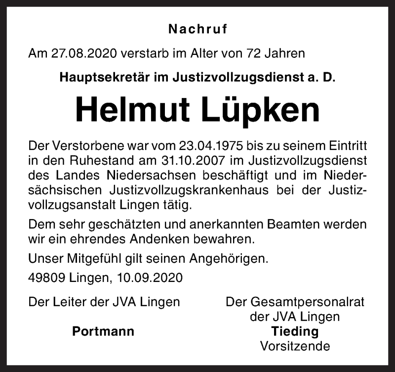  Traueranzeige für Helmut Lüpken vom 12.09.2020 aus Neue Osnabrücker Zeitung GmbH & Co. KG