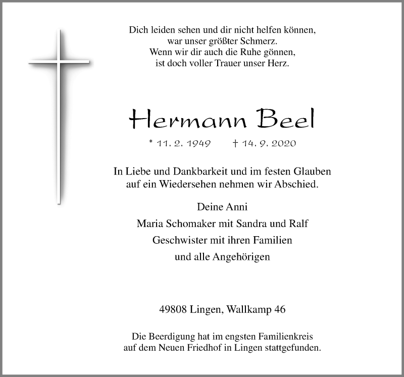  Traueranzeige für Hermann Beel vom 19.09.2020 aus Neue Osnabrücker Zeitung GmbH & Co. KG