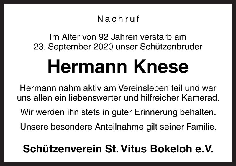  Traueranzeige für Hermann Knese vom 26.09.2020 aus Neue Osnabrücker Zeitung GmbH & Co. KG