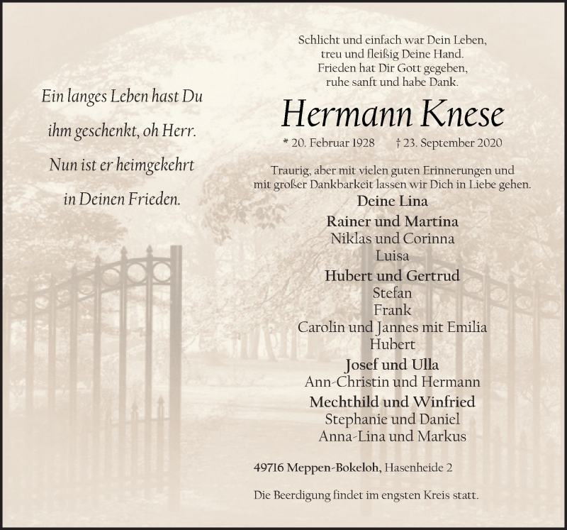  Traueranzeige für Hermann Knese vom 26.09.2020 aus Neue Osnabrücker Zeitung GmbH & Co. KG