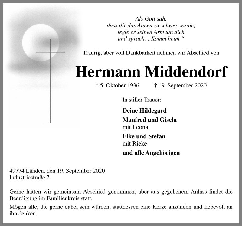  Traueranzeige für Hermann Middendorf vom 22.09.2020 aus Neue Osnabrücker Zeitung GmbH & Co. KG