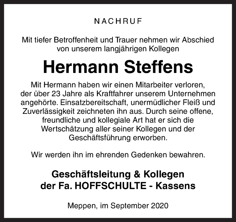 Traueranzeige für Hermann Steffens vom 26.09.2020 aus Neue Osnabrücker Zeitung GmbH & Co. KG