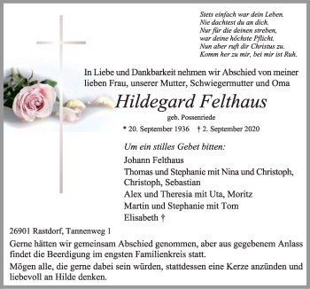 Traueranzeige von Hildegard Felthaus von Neue Osnabrücker Zeitung GmbH & Co. KG