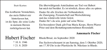 Traueranzeige von Hubert Fischer von Neue Osnabrücker Zeitung GmbH & Co. KG