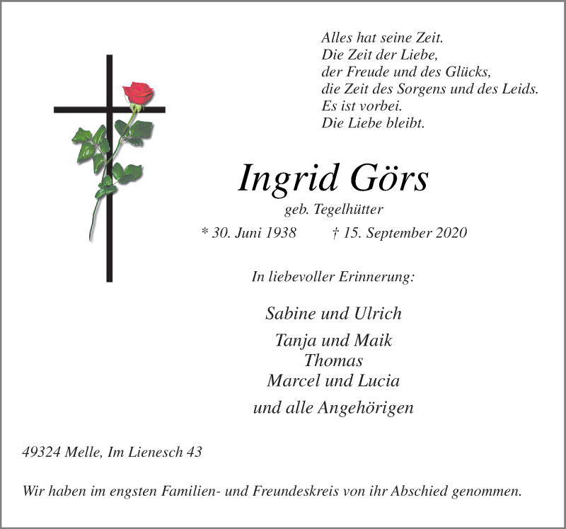  Traueranzeige für Ingrid Görs vom 19.09.2020 aus Neue Osnabrücker Zeitung GmbH & Co. KG
