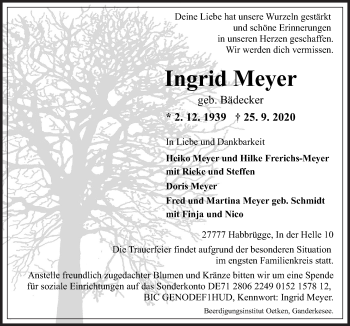 Traueranzeige von Ingrid Meyer von Neue Osnabrücker Zeitung GmbH & Co. KG