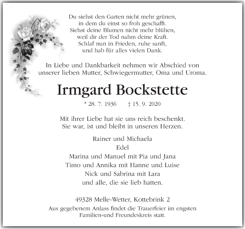  Traueranzeige für Irmgard Bockstette vom 18.09.2020 aus Neue Osnabrücker Zeitung GmbH & Co. KG