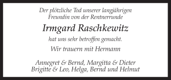 Traueranzeige von Irmgard Raschkewitz von Neue Osnabrücker Zeitung GmbH & Co. KG