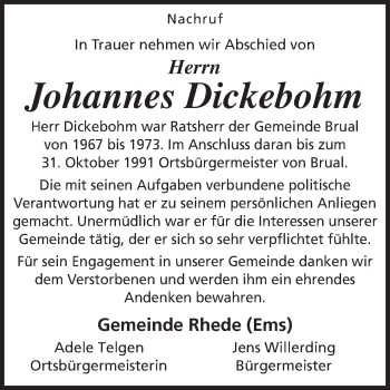 Traueranzeige von Johannes Dickebohm von Neue Osnabrücker Zeitung GmbH & Co. KG