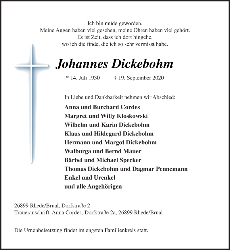  Traueranzeige für Johannes Dickebohm vom 22.09.2020 aus Neue Osnabrücker Zeitung GmbH & Co. KG