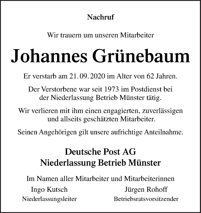  Traueranzeige für Johannes Grünebaum vom 26.09.2020 aus Neue Osnabrücker Zeitung GmbH & Co. KG
