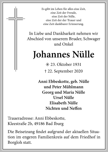 Traueranzeige von Johannes Nülle von Neue Osnabrücker Zeitung GmbH & Co. KG