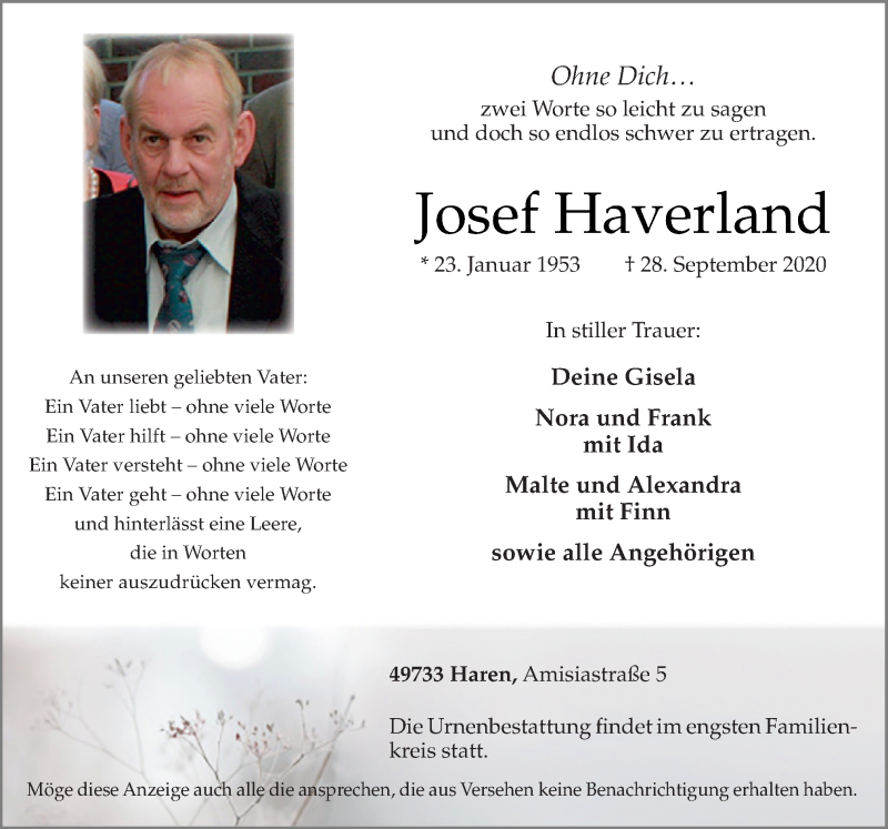  Traueranzeige für Josef Haverland vom 30.09.2020 aus Neue Osnabrücker Zeitung GmbH & Co. KG
