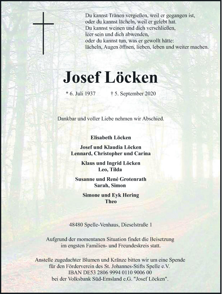  Traueranzeige für Josef Löcken vom 09.09.2020 aus Neue Osnabrücker Zeitung GmbH & Co. KG