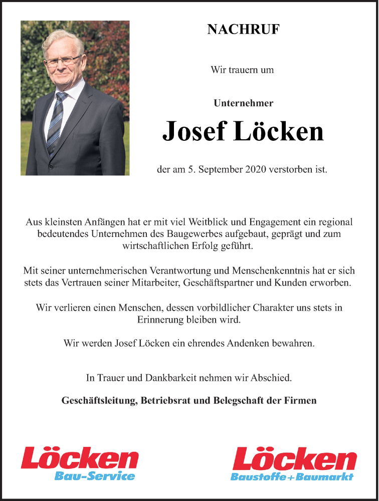 Traueranzeige für Josef Löcken vom 09.09.2020 aus Neue Osnabrücker Zeitung GmbH & Co. KG